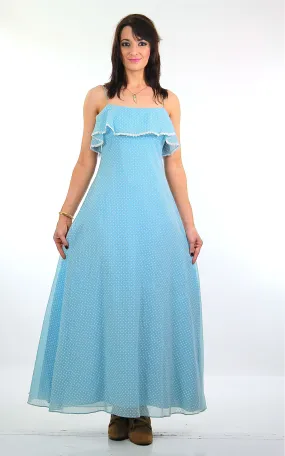 True Authentic Vintage 70s boh blue polkadot dress sheer party maxi