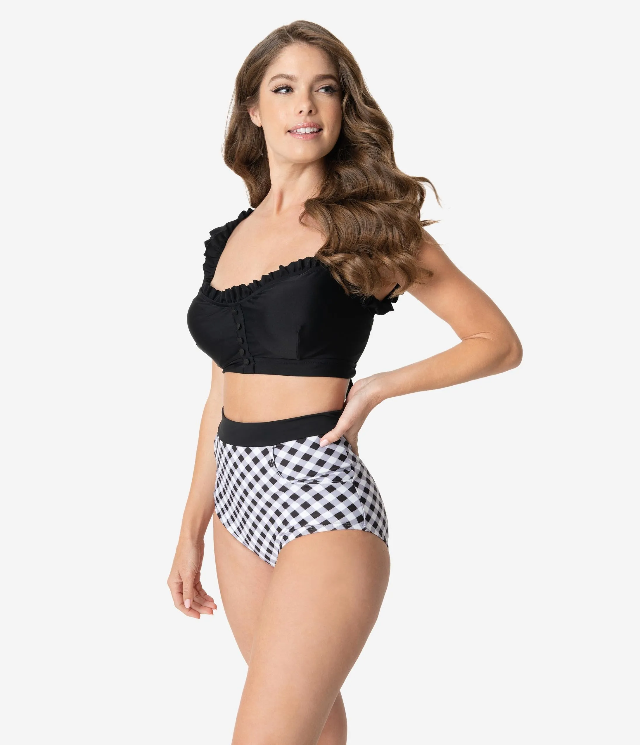 Unique Vintage Mrs. Cooper Black & White Gingham Sailor Swim Shorts