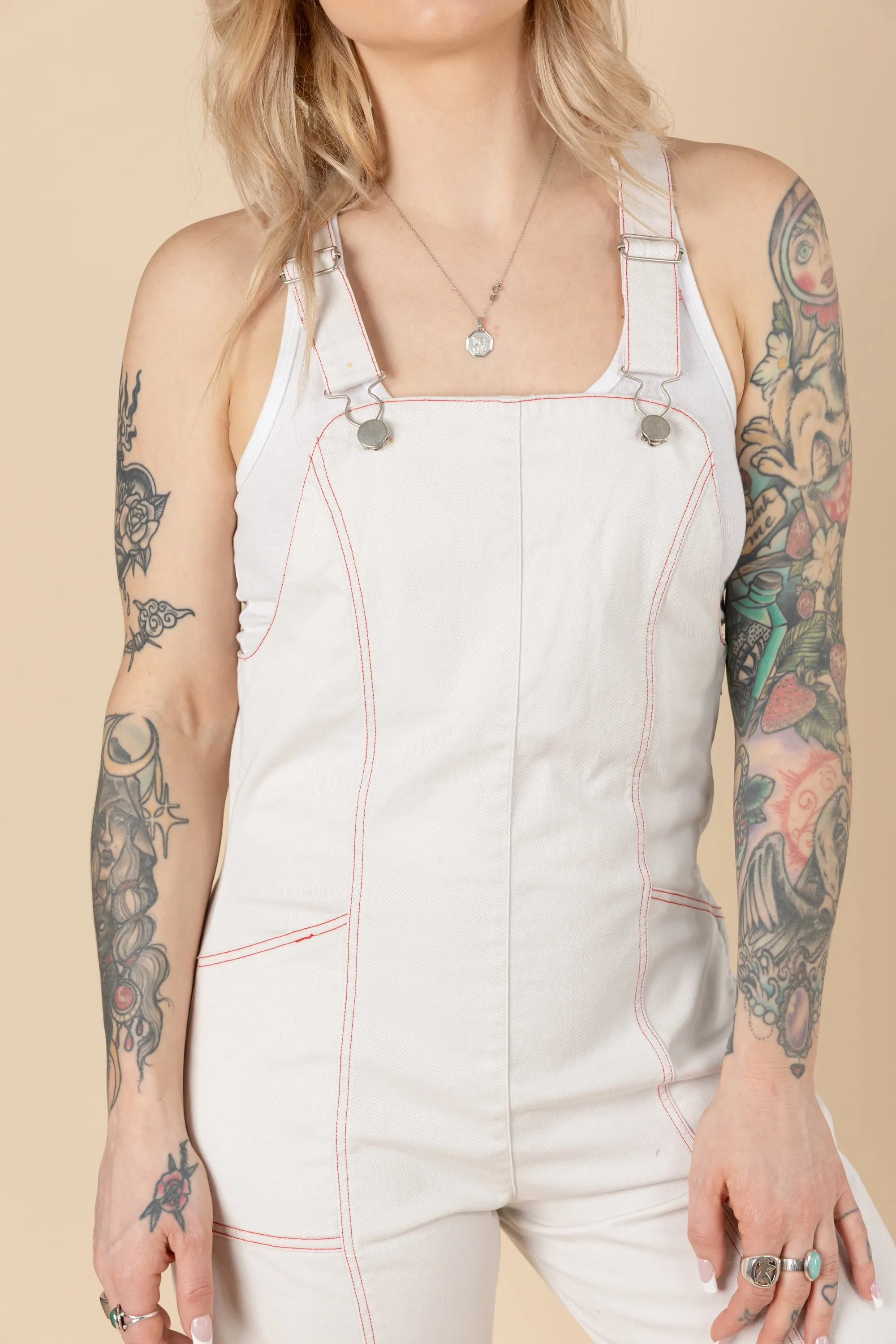 Vintage 1970's Bell Bottoms overalls| White Bib Overalls| Contrast Stritch Overalls| Vintage White Flare Overall (women's Small/Medium)