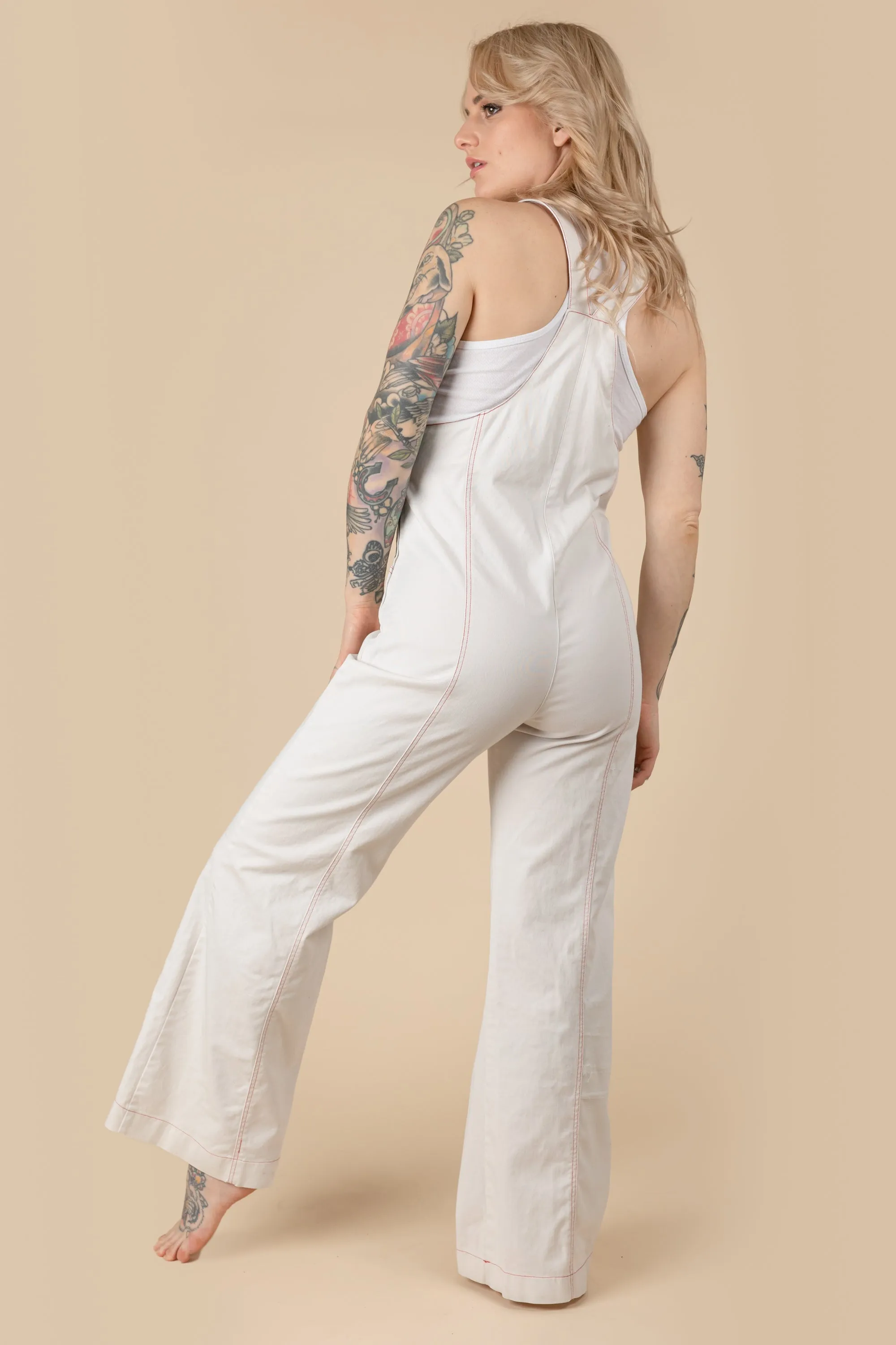 Vintage 1970's Bell Bottoms overalls| White Bib Overalls| Contrast Stritch Overalls| Vintage White Flare Overall (women's Small/Medium)