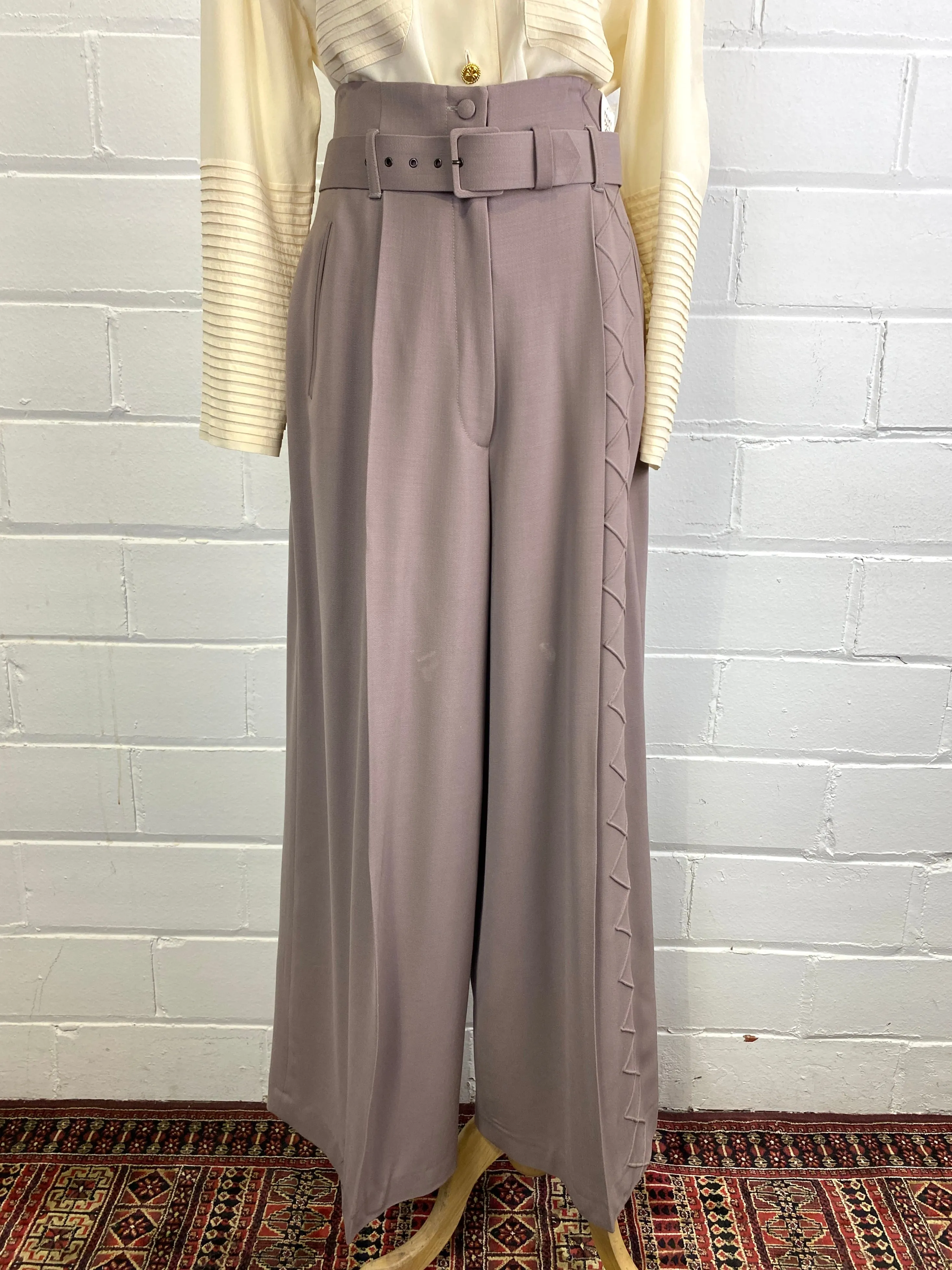 Vintage Sophie Sitbon Greige Wool Crepe Wide-Leg Pant Suit, W31"
