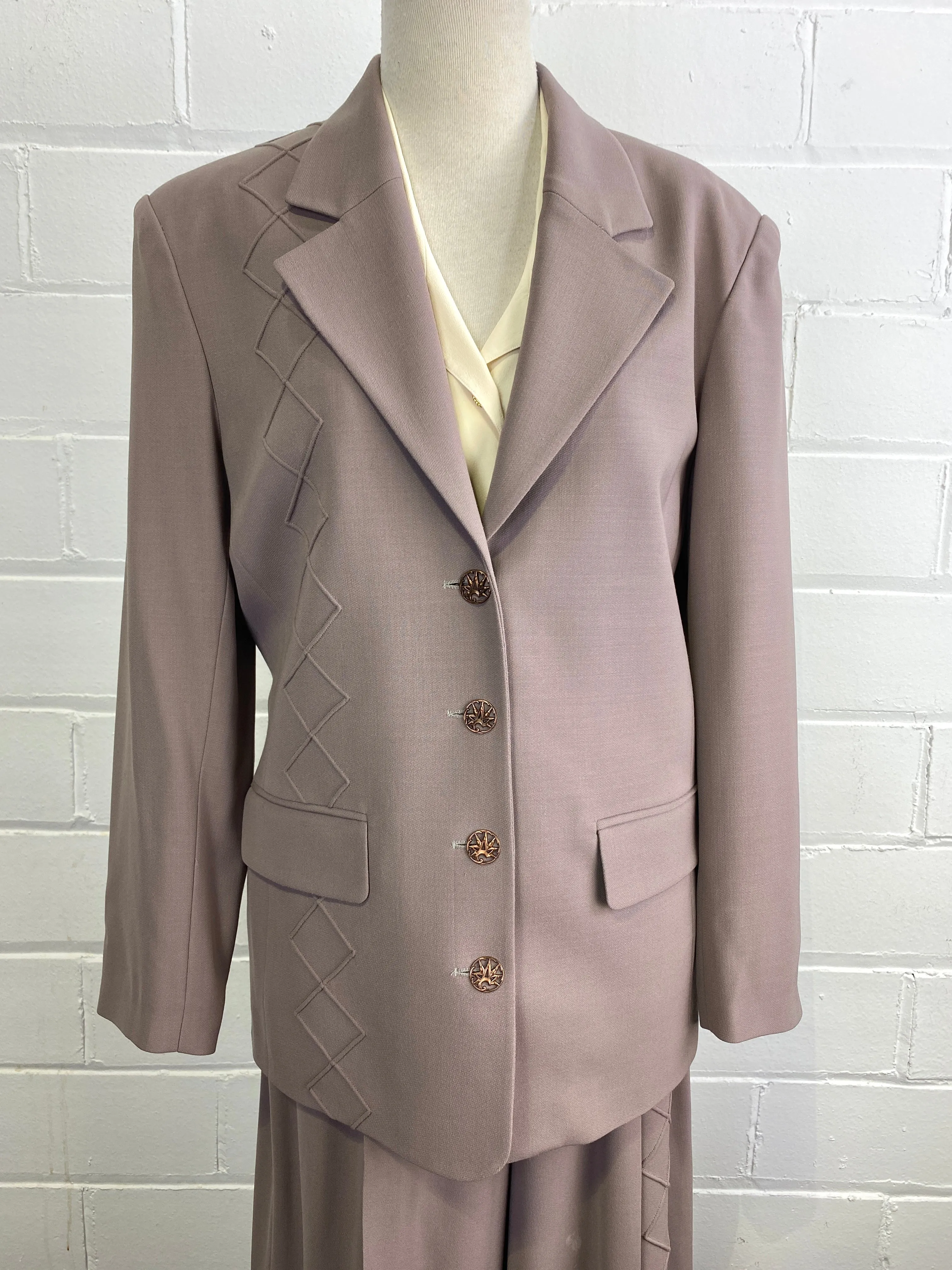 Vintage Sophie Sitbon Greige Wool Crepe Wide-Leg Pant Suit, W31"