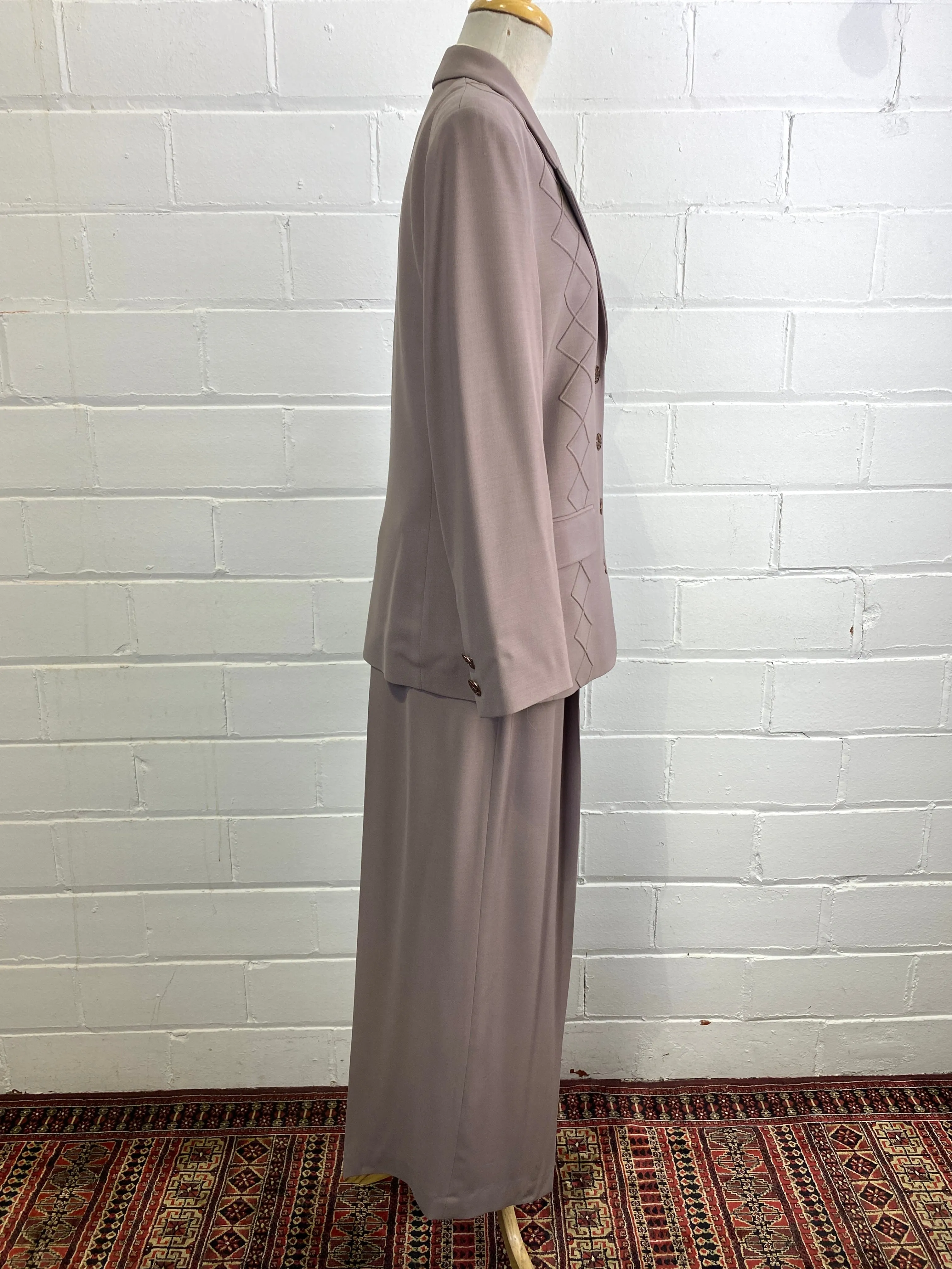 Vintage Sophie Sitbon Greige Wool Crepe Wide-Leg Pant Suit, W31"