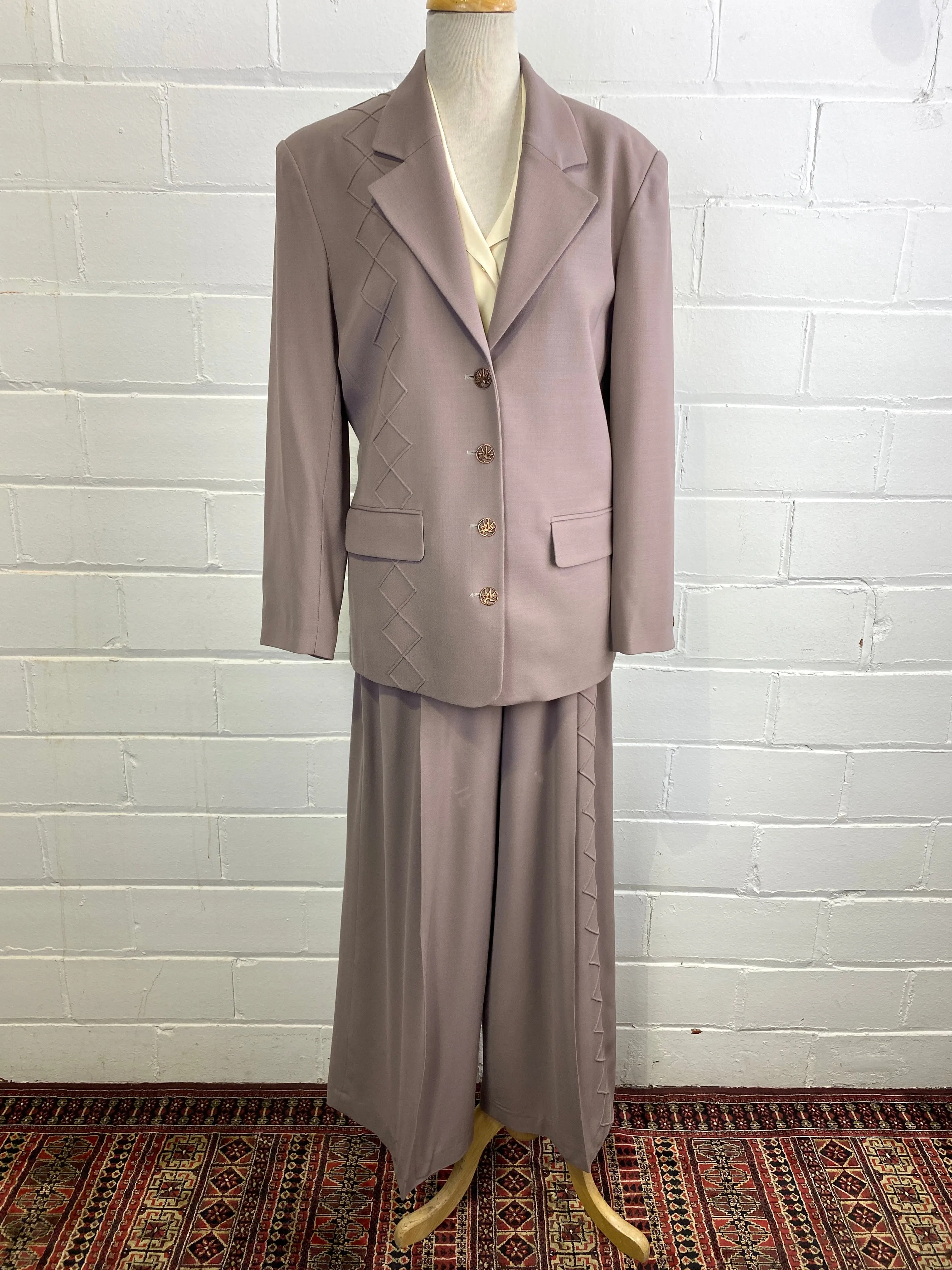 Vintage Sophie Sitbon Greige Wool Crepe Wide-Leg Pant Suit, W31"