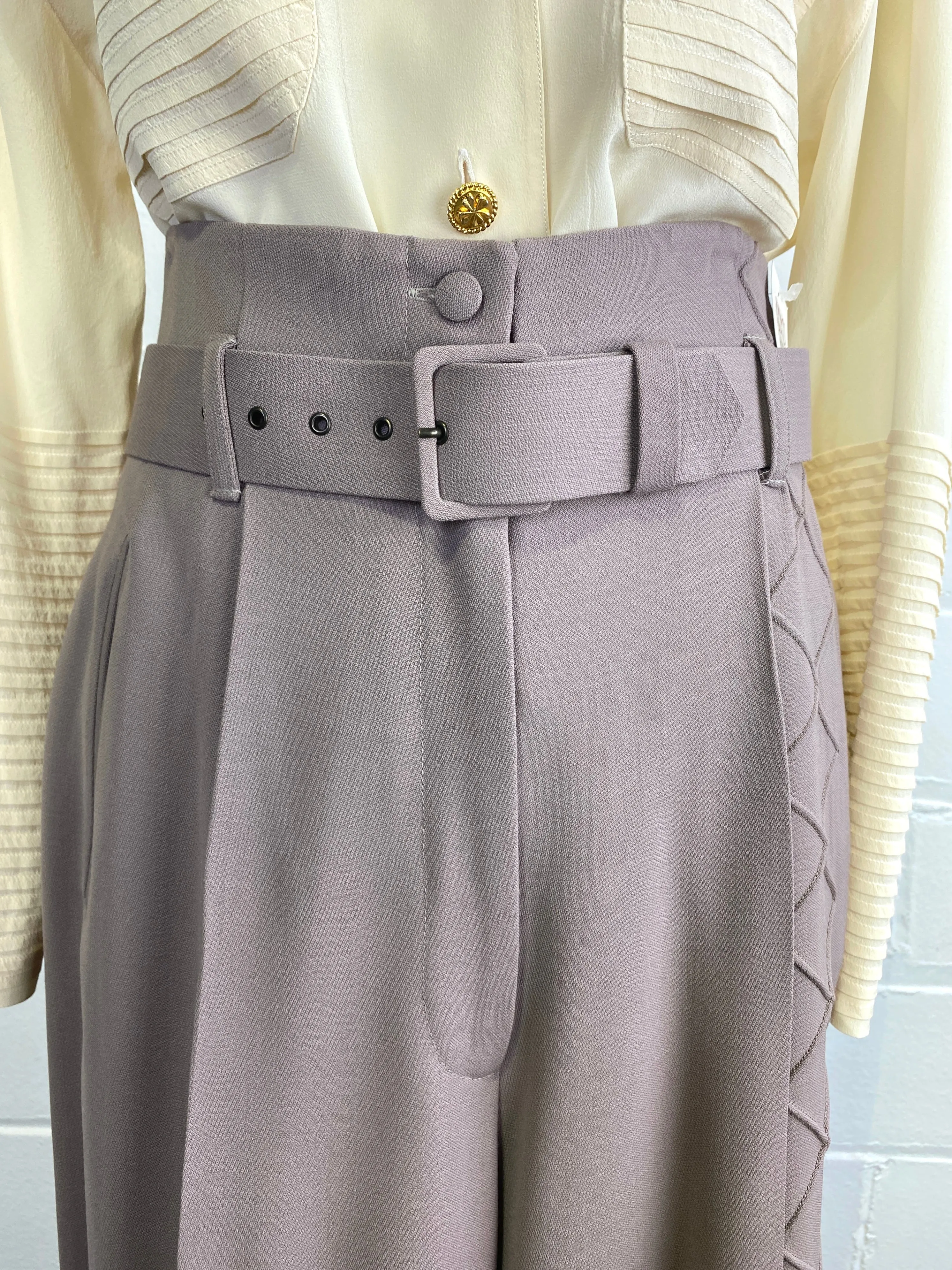 Vintage Sophie Sitbon Greige Wool Crepe Wide-Leg Pant Suit, W31"