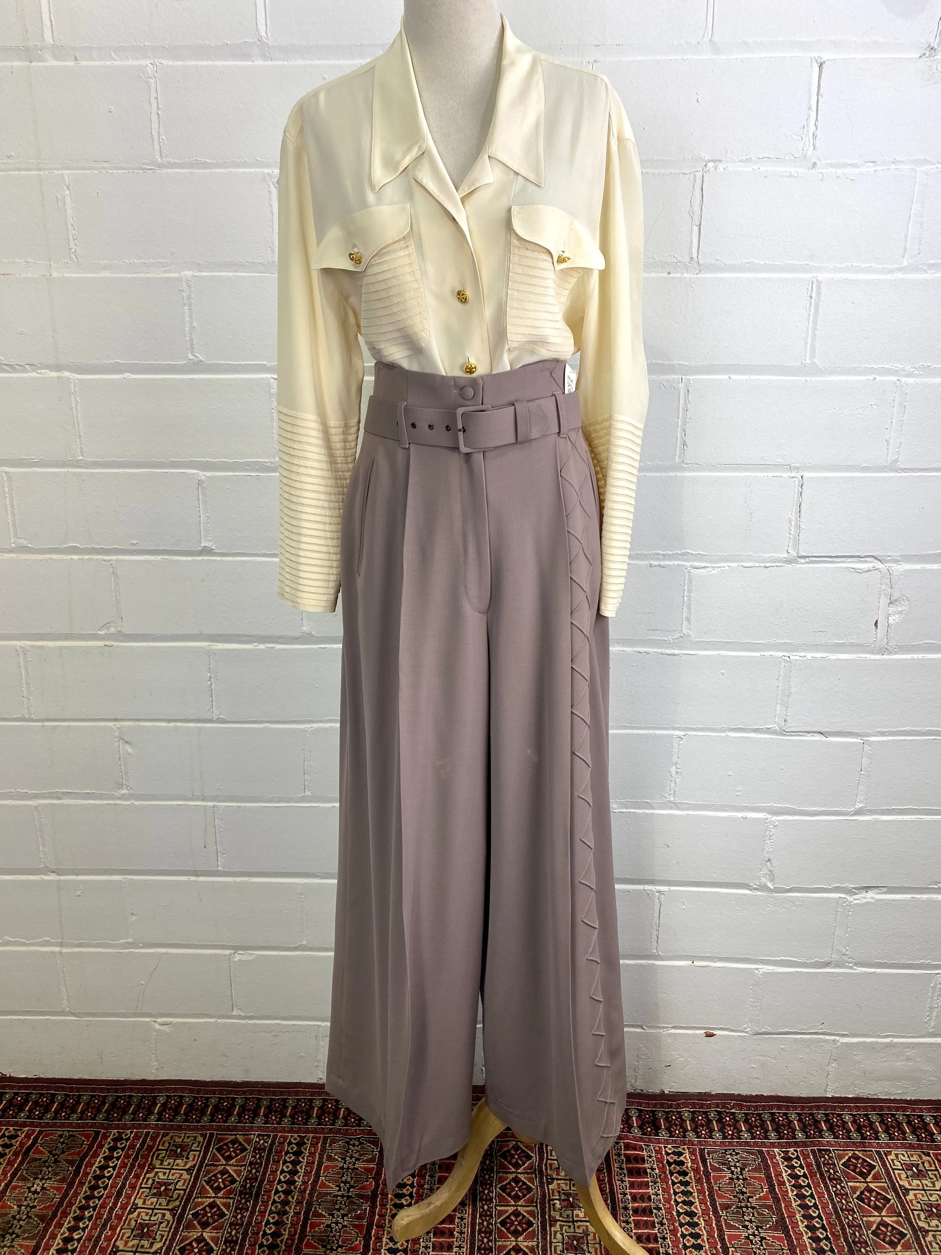 Vintage Sophie Sitbon Greige Wool Crepe Wide-Leg Pant Suit, W31"