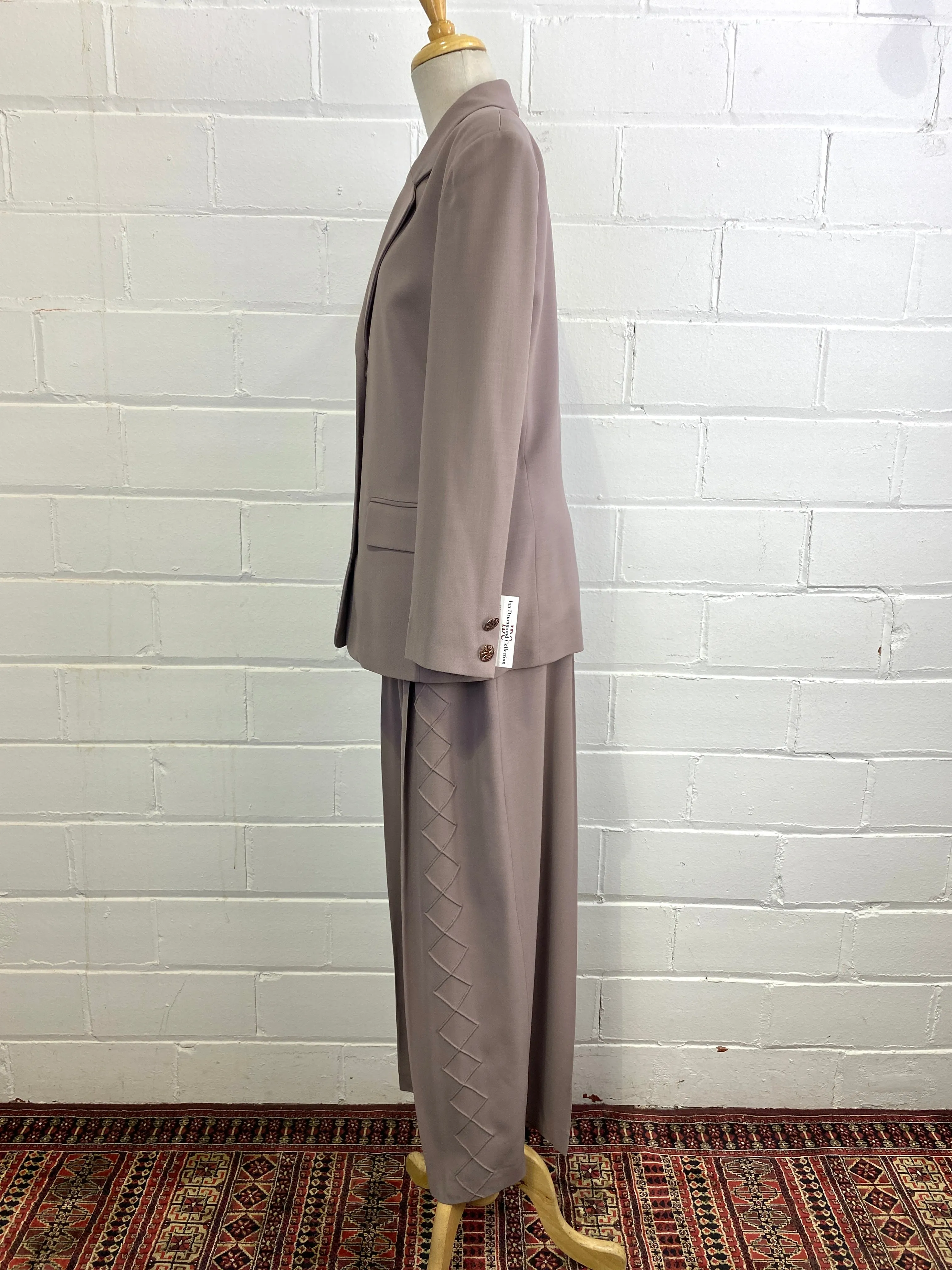 Vintage Sophie Sitbon Greige Wool Crepe Wide-Leg Pant Suit, W31"