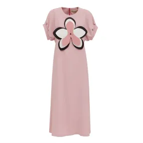 Viscose Midi Pale Pink Dress With Handmade Floral Appliqué