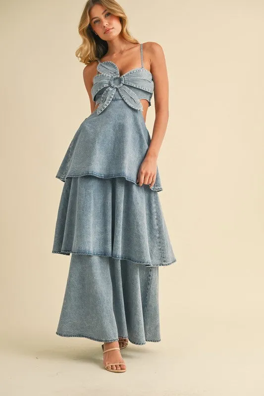 Waitlist 5/21 ♥ Naomi Sleeveless Flower Accent Cut Out Tiered Denim Maxi Dress Medium Wash