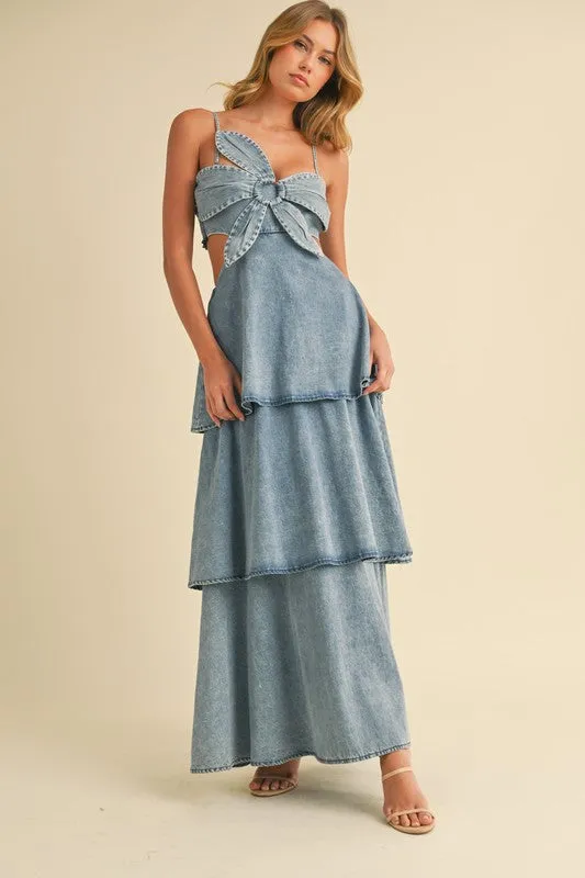 Waitlist 5/21 ♥ Naomi Sleeveless Flower Accent Cut Out Tiered Denim Maxi Dress Medium Wash