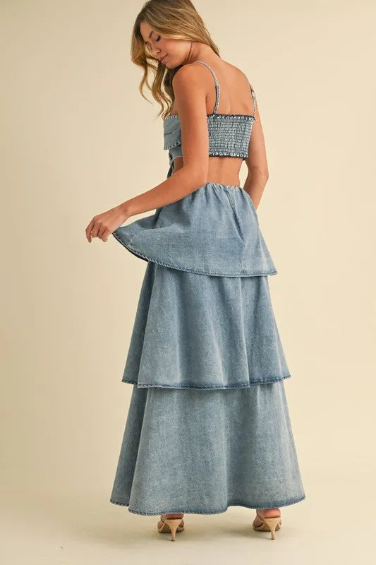 Waitlist 5/21 ♥ Naomi Sleeveless Flower Accent Cut Out Tiered Denim Maxi Dress Medium Wash