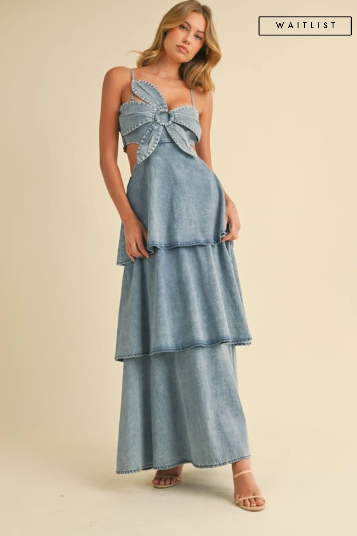 Waitlist 5/21 ♥ Naomi Sleeveless Flower Accent Cut Out Tiered Denim Maxi Dress Medium Wash