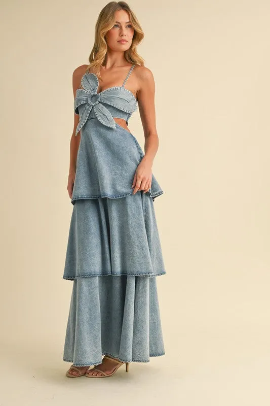 Waitlist 5/21 ♥ Naomi Sleeveless Flower Accent Cut Out Tiered Denim Maxi Dress Medium Wash