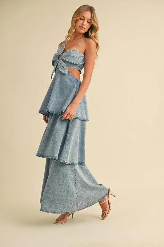 Waitlist 5/21 ♥ Naomi Sleeveless Flower Accent Cut Out Tiered Denim Maxi Dress Medium Wash