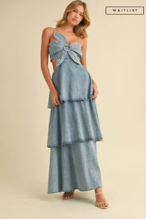 Waitlist 5/21 ♥ Naomi Sleeveless Flower Accent Cut Out Tiered Denim Maxi Dress Medium Wash