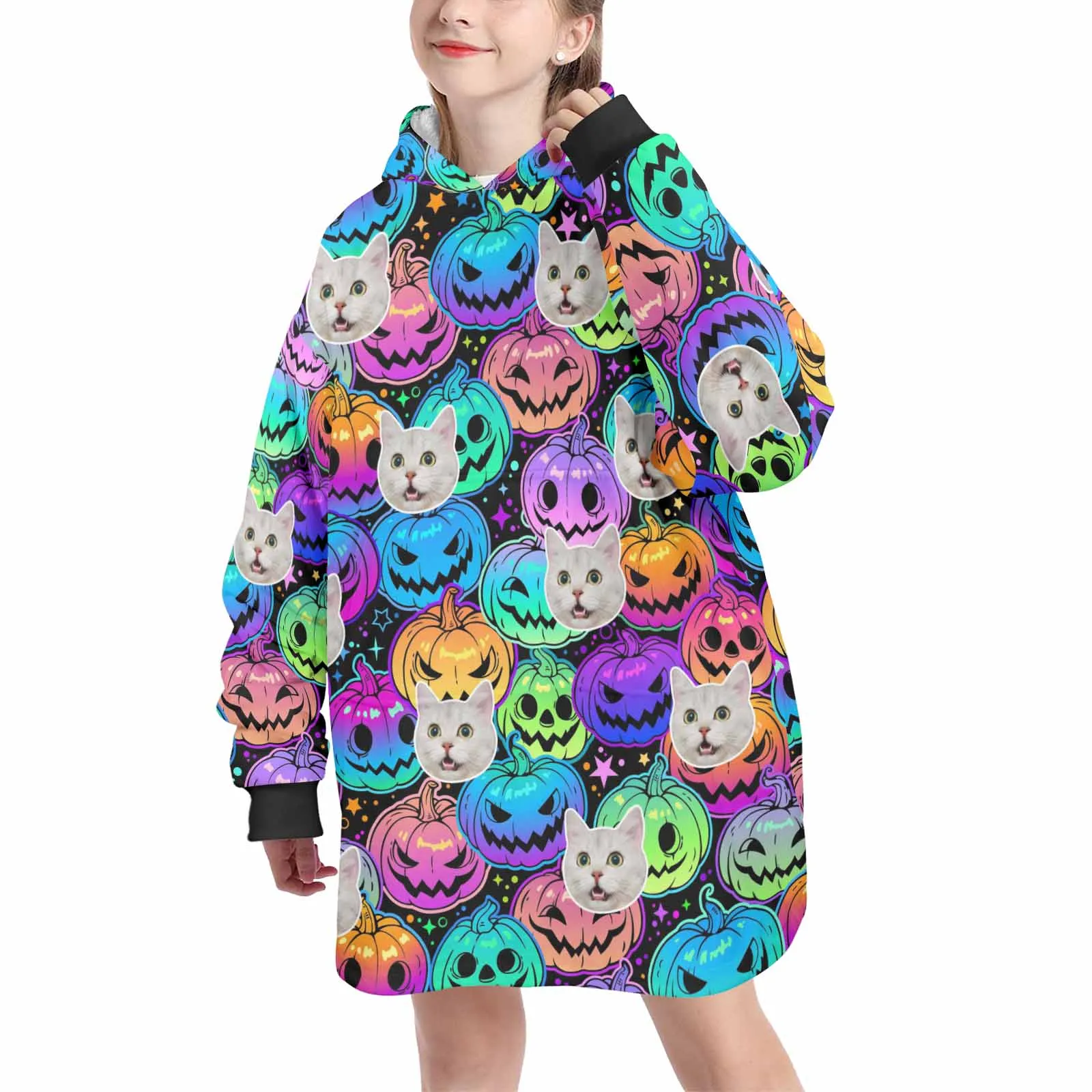 Wearable Blanket Hoodie Custom Faces Oversized Hoodie for Women Men Kids Personalized Fleece Blanket Photo Gifts For Halloween