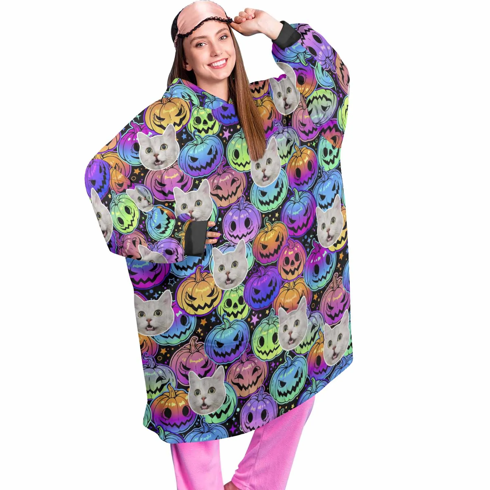 Wearable Blanket Hoodie Custom Faces Oversized Hoodie for Women Men Kids Personalized Fleece Blanket Photo Gifts For Halloween