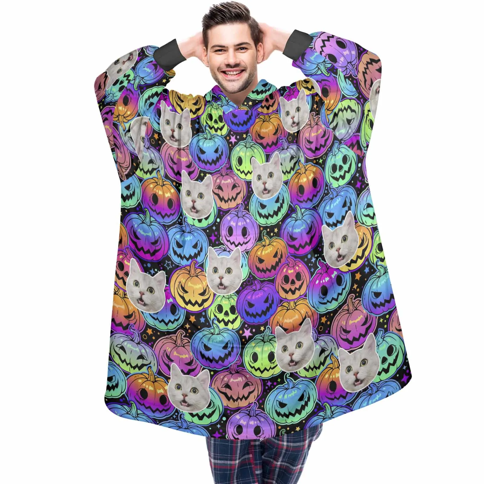 Wearable Blanket Hoodie Custom Faces Oversized Hoodie for Women Men Kids Personalized Fleece Blanket Photo Gifts For Halloween