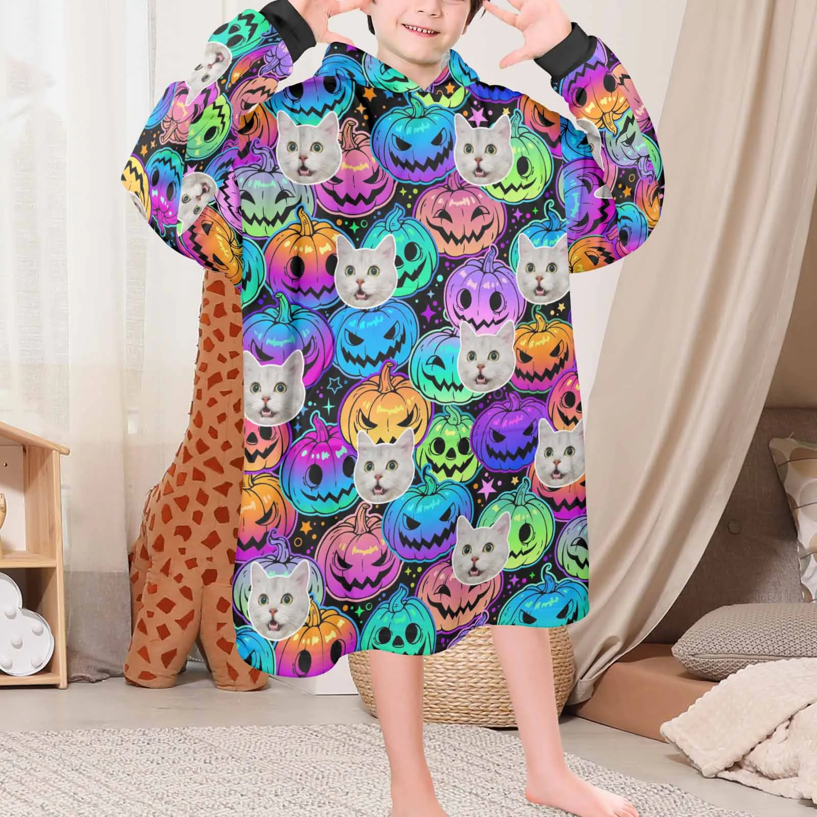 Wearable Blanket Hoodie Custom Faces Oversized Hoodie for Women Men Kids Personalized Fleece Blanket Photo Gifts For Halloween