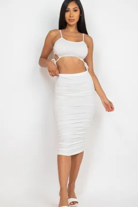 White Cut-out Tie Side Crop Top & Ruched Midi Skirt Set_