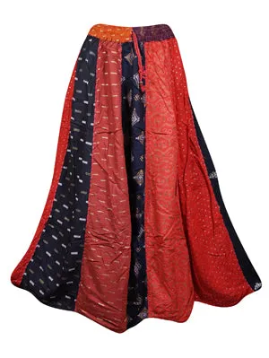 Women Fall Maxi Skirt, Panelled Skirts, Flare Multi Red Patchwork Retro Long Skirt S/M/L