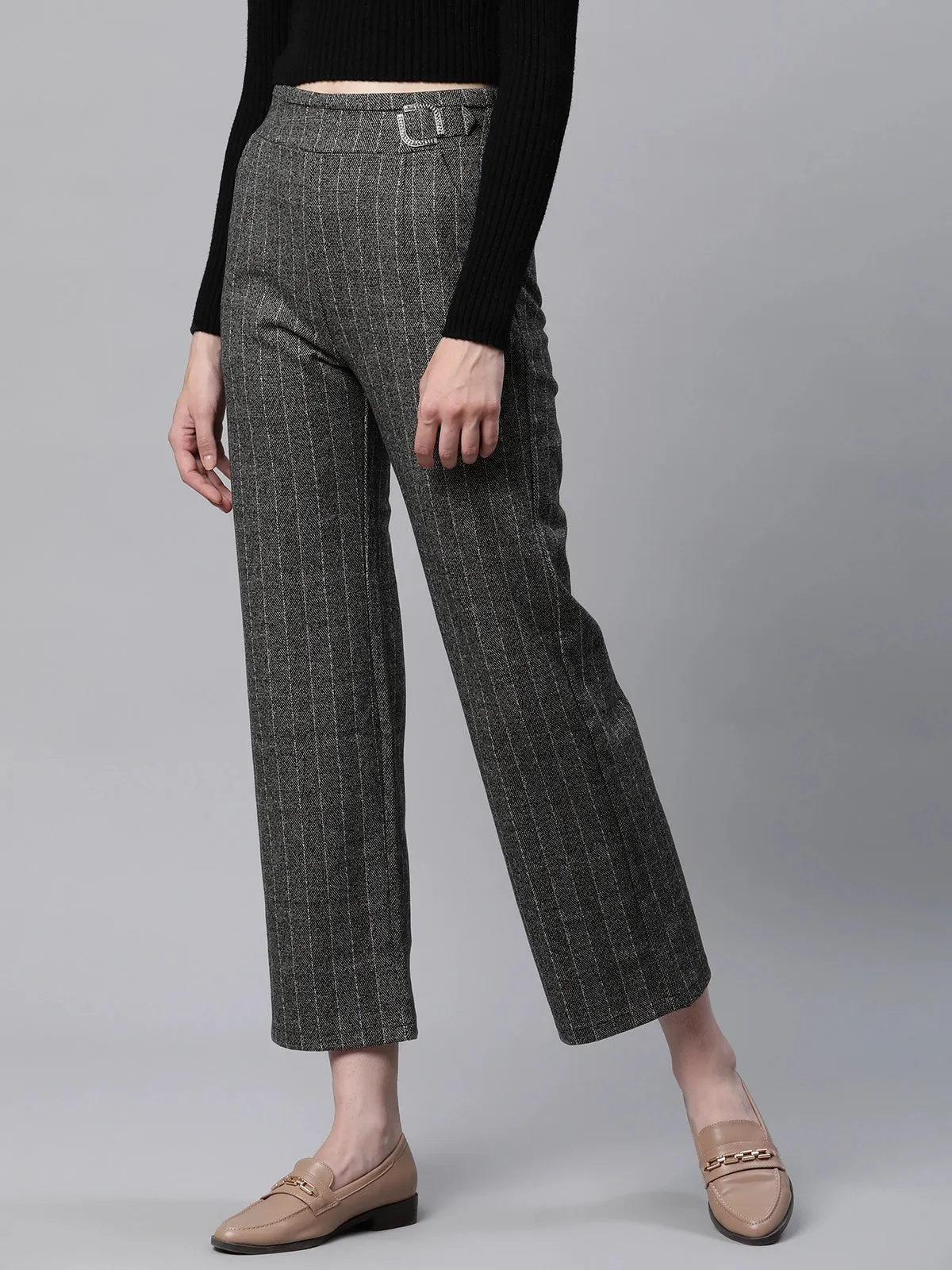 Women Striped High Rise Dark Grey Straight Trousers