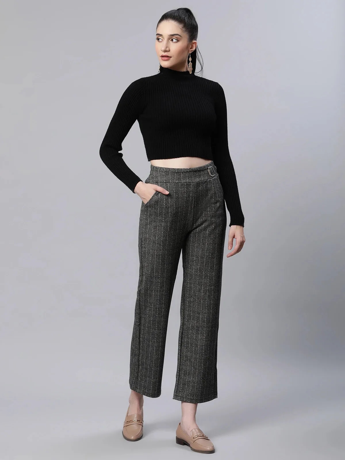 Women Striped High Rise Dark Grey Straight Trousers