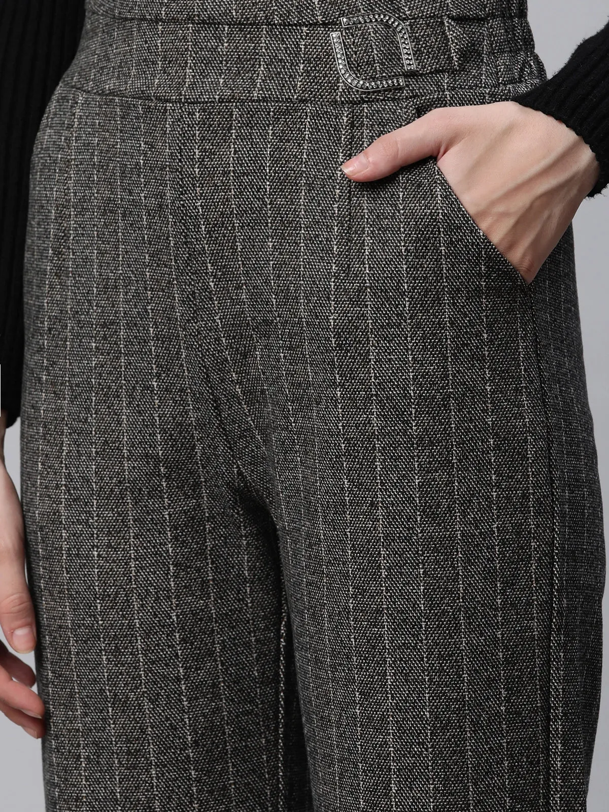 Women Striped High Rise Dark Grey Straight Trousers
