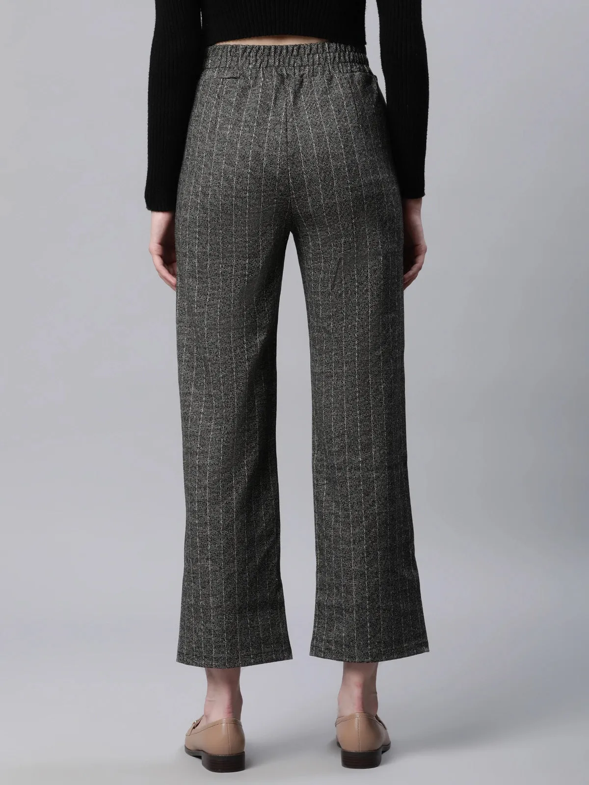 Women Striped High Rise Dark Grey Straight Trousers