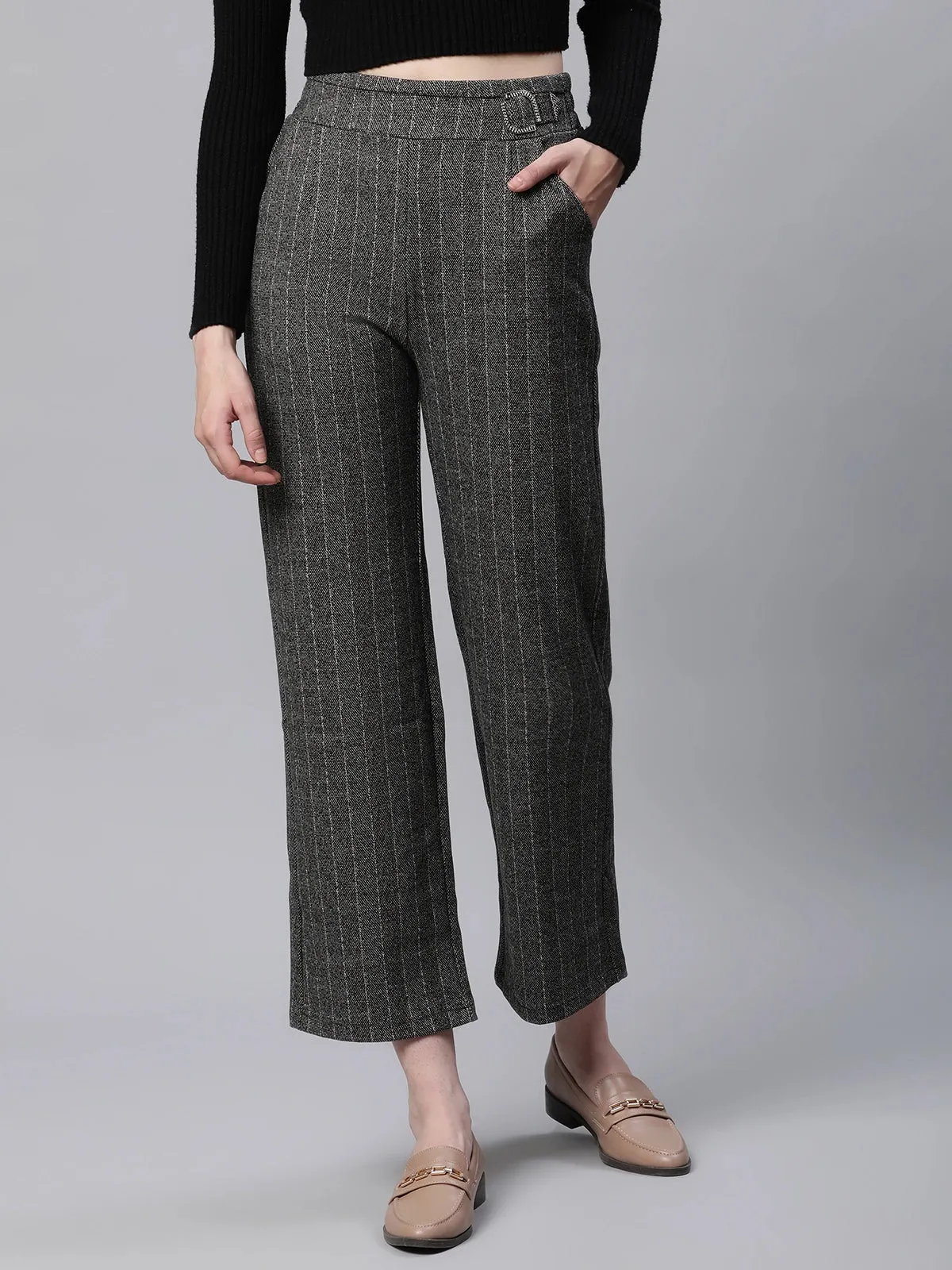 Women Striped High Rise Dark Grey Straight Trousers