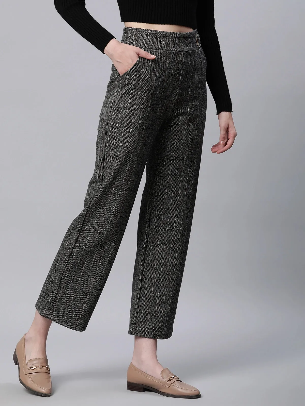 Women Striped High Rise Dark Grey Straight Trousers