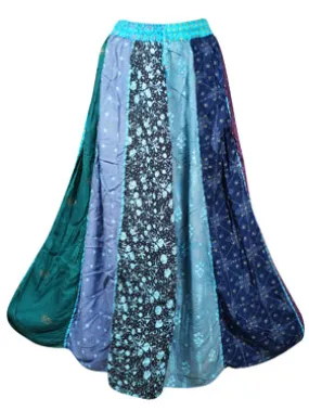 Womens Boho Maxi Skirt, Blue Dori Patchwork, Flared, Long Skirts S/M/L