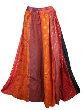 Womens Fall Patchwork Skirt, Festive Orange Pink Retro Maxi Skirts SML