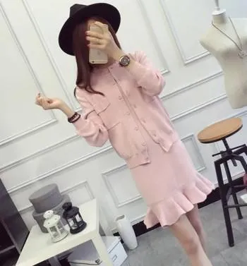Women's Knitted Two Piece Set Sleeveless Dress   Cardigan