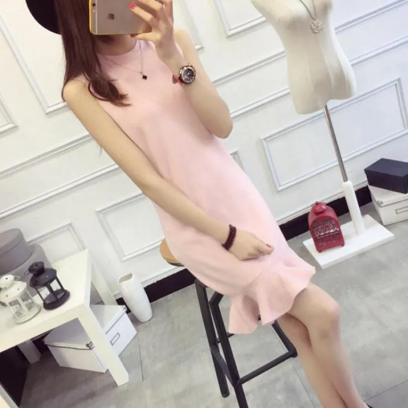 Women's Knitted Two Piece Set Sleeveless Dress   Cardigan