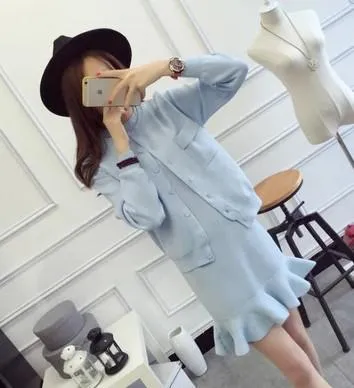 Women's Knitted Two Piece Set Sleeveless Dress   Cardigan