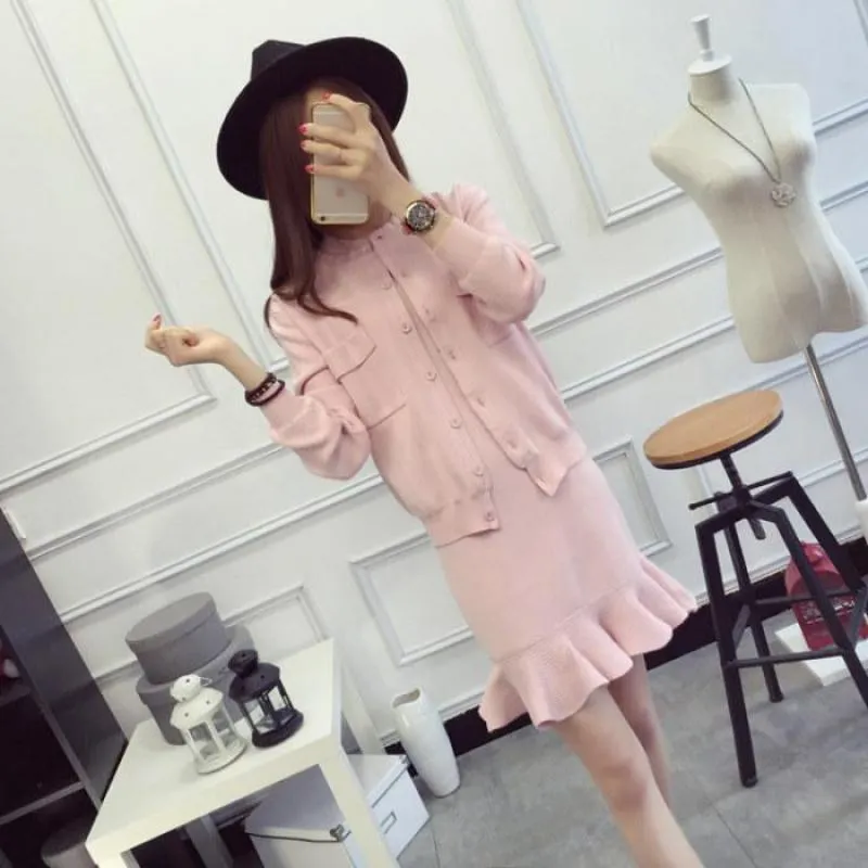 Women's Knitted Two Piece Set Sleeveless Dress   Cardigan
