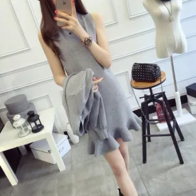 Women's Knitted Two Piece Set Sleeveless Dress   Cardigan