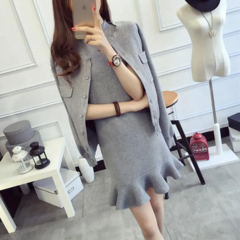 Women's Knitted Two Piece Set Sleeveless Dress   Cardigan