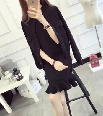 Women's Knitted Two Piece Set Sleeveless Dress   Cardigan