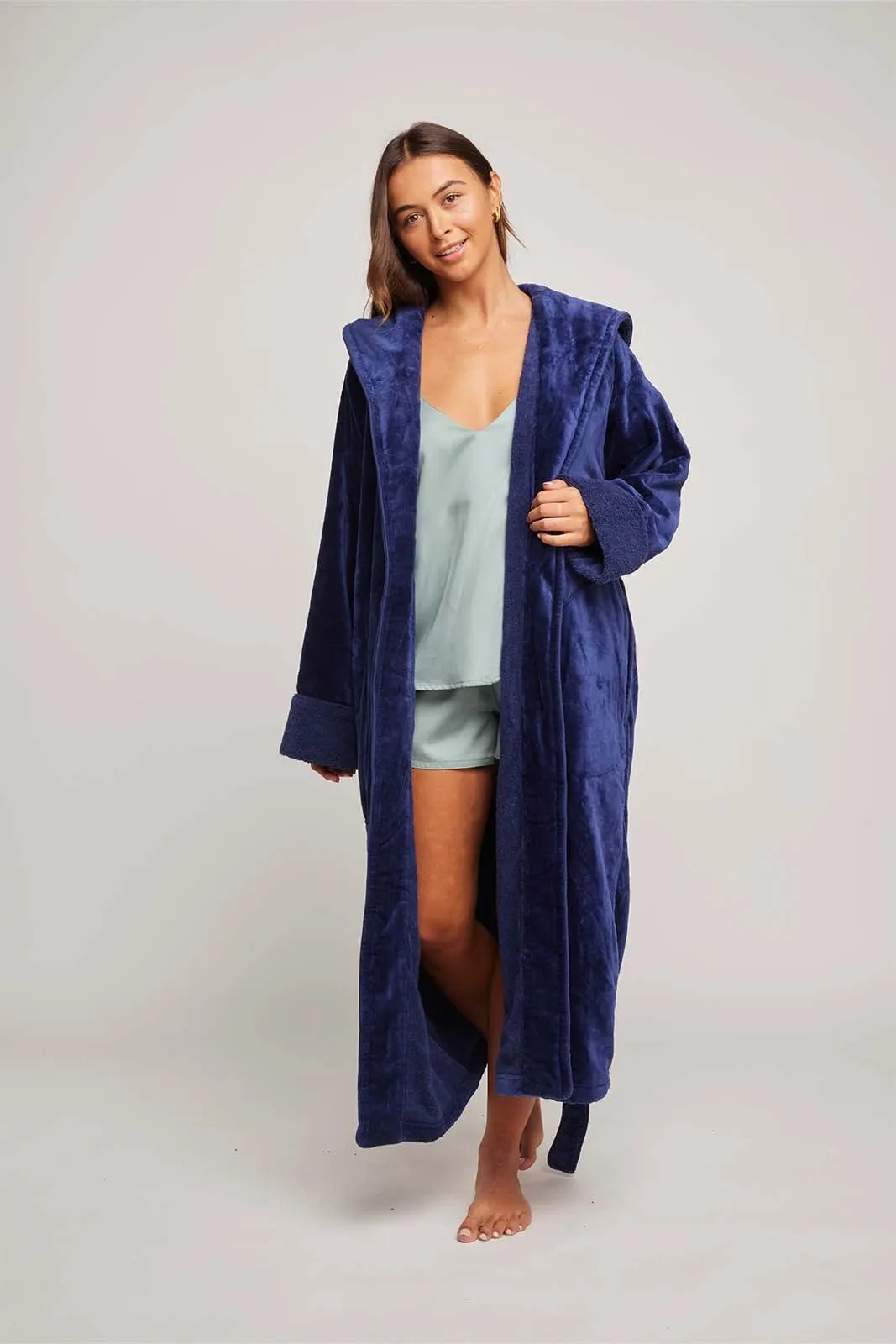 Womens Organic Cotton Hooded Robe in Indigo