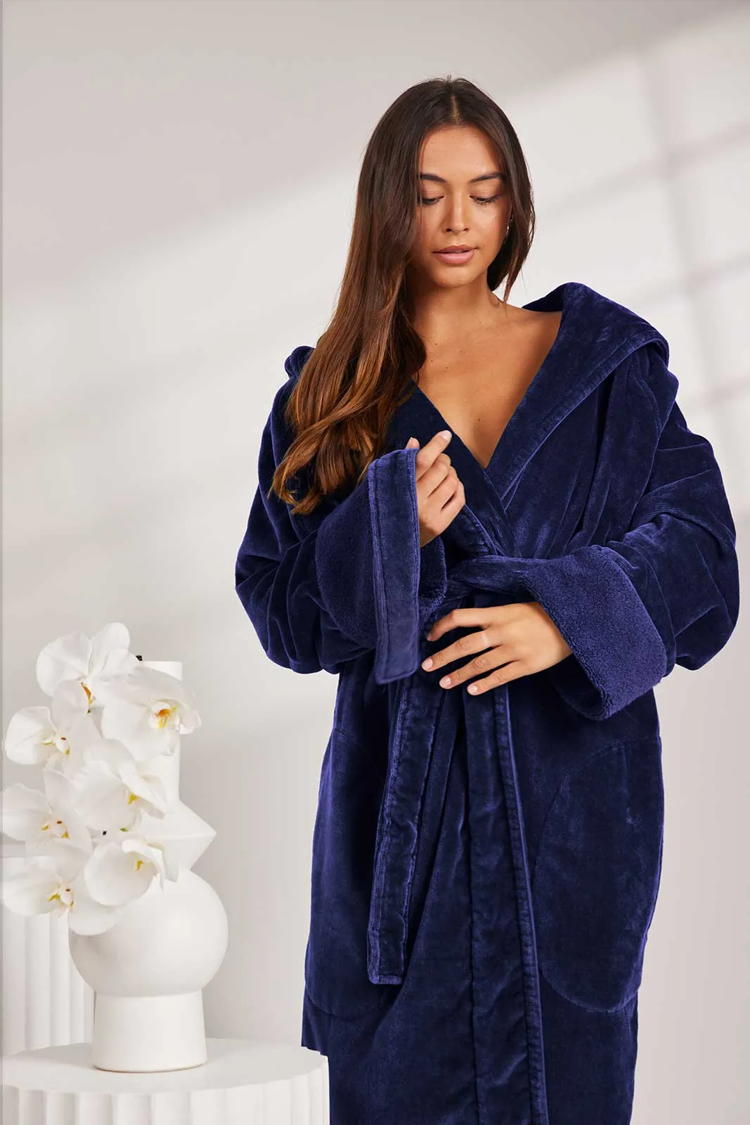 Womens Organic Cotton Hooded Robe in Indigo