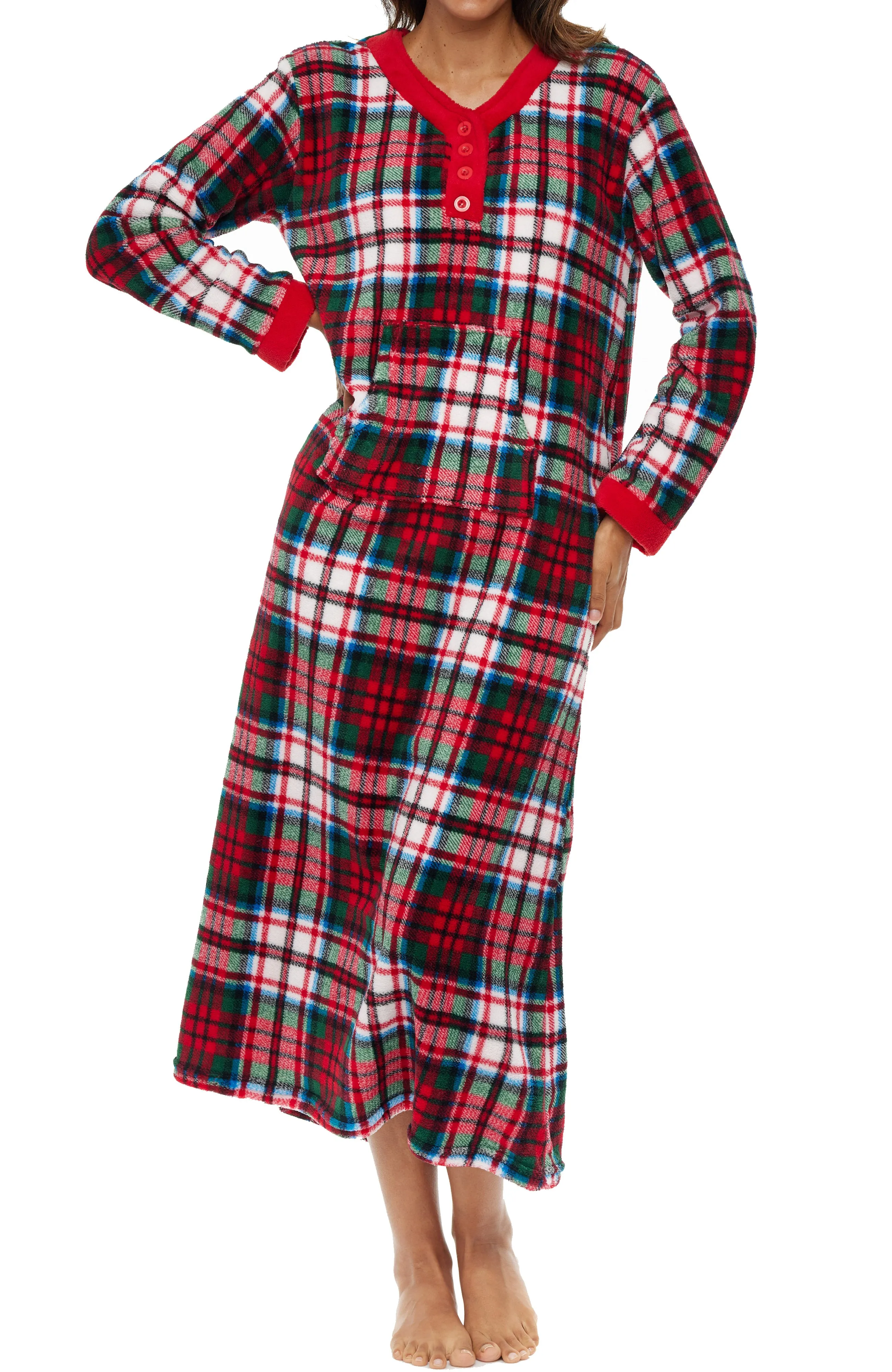 Women's Warm Fleece Long Nightgown, Long Kaftan with Pockets for Winter