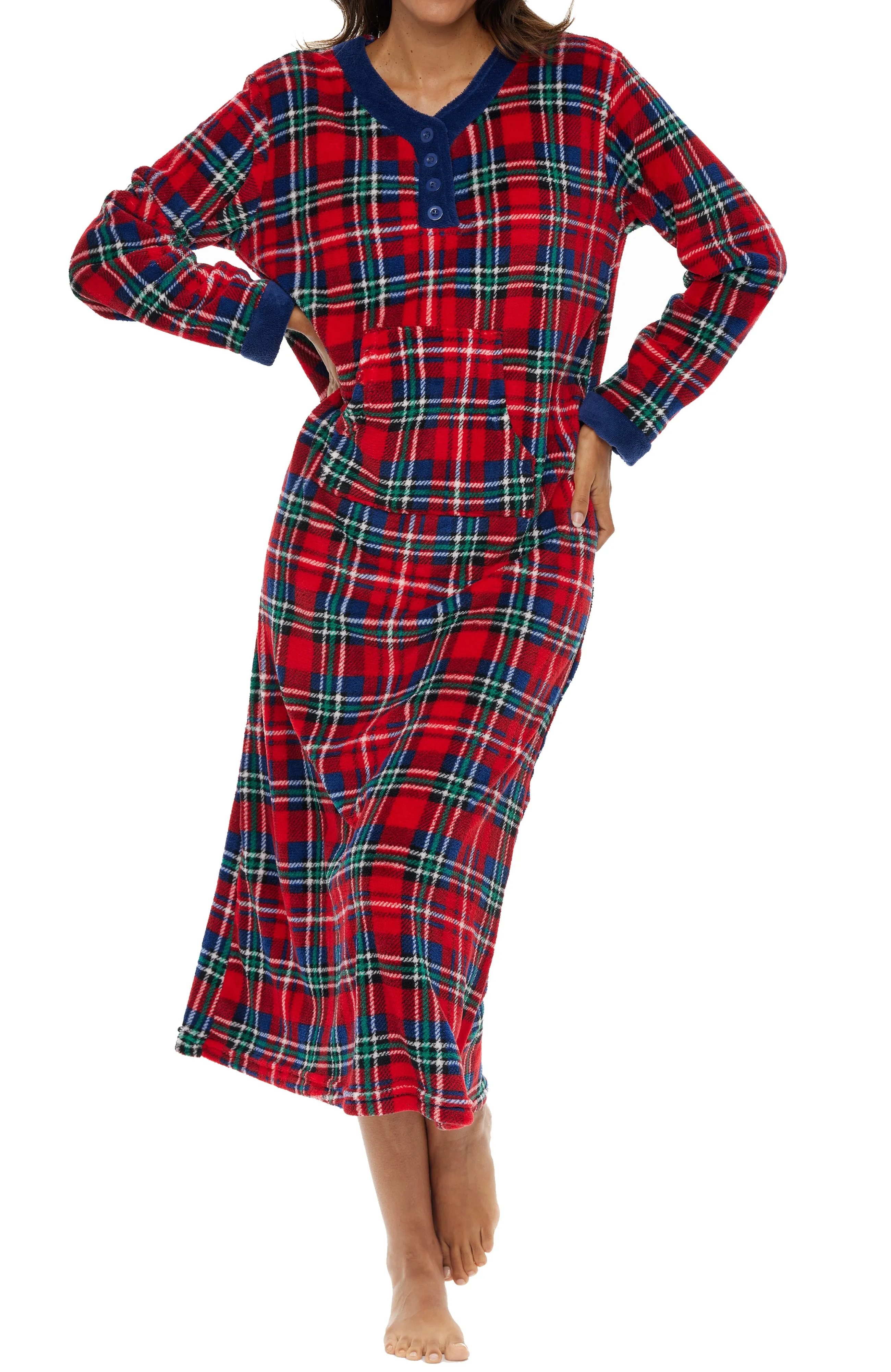 Women's Warm Fleece Long Nightgown, Long Kaftan with Pockets for Winter