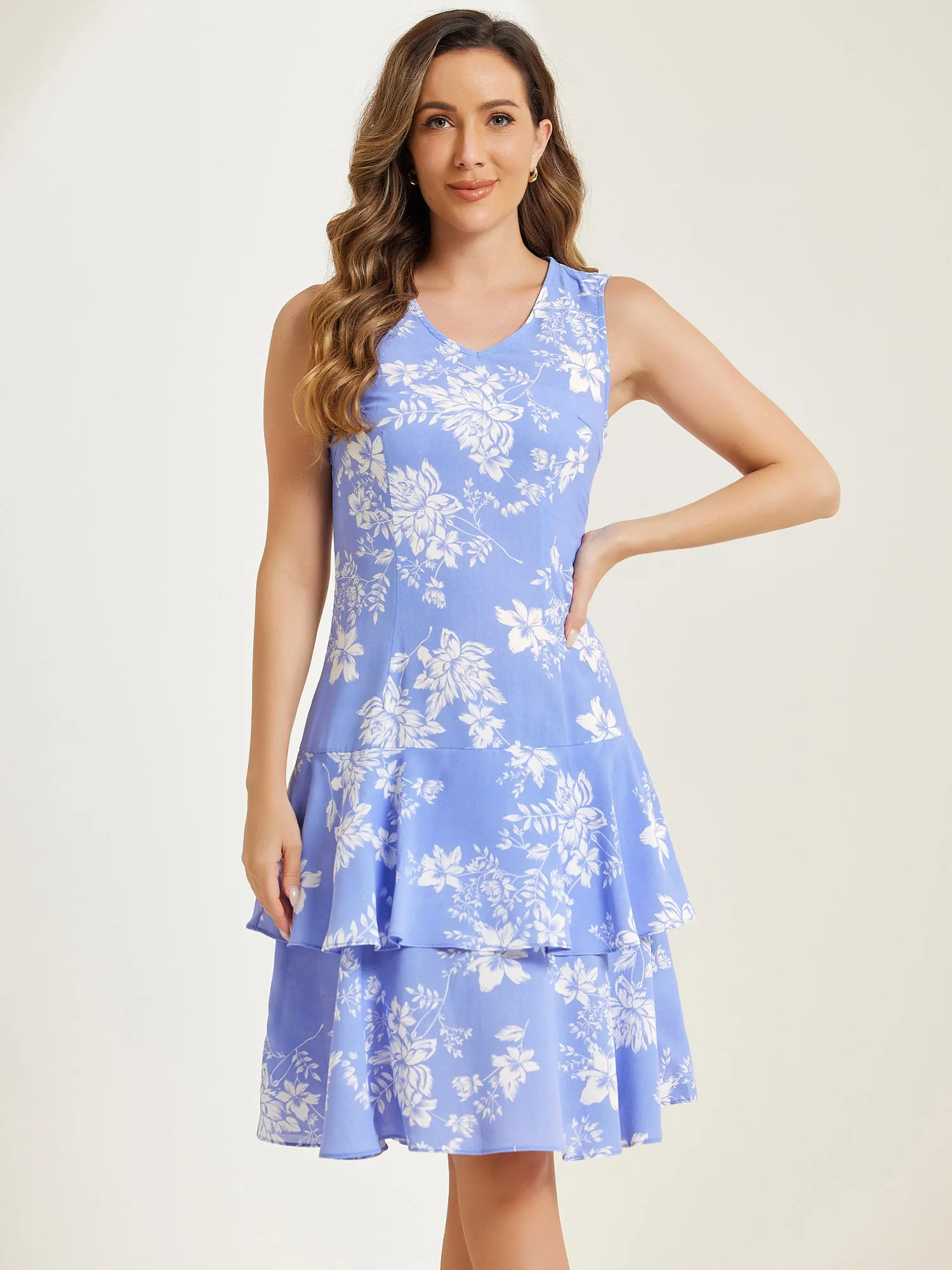 Work flower Print Contrast Panel 2pc Sets Chiffon V Neck Jacket Dress