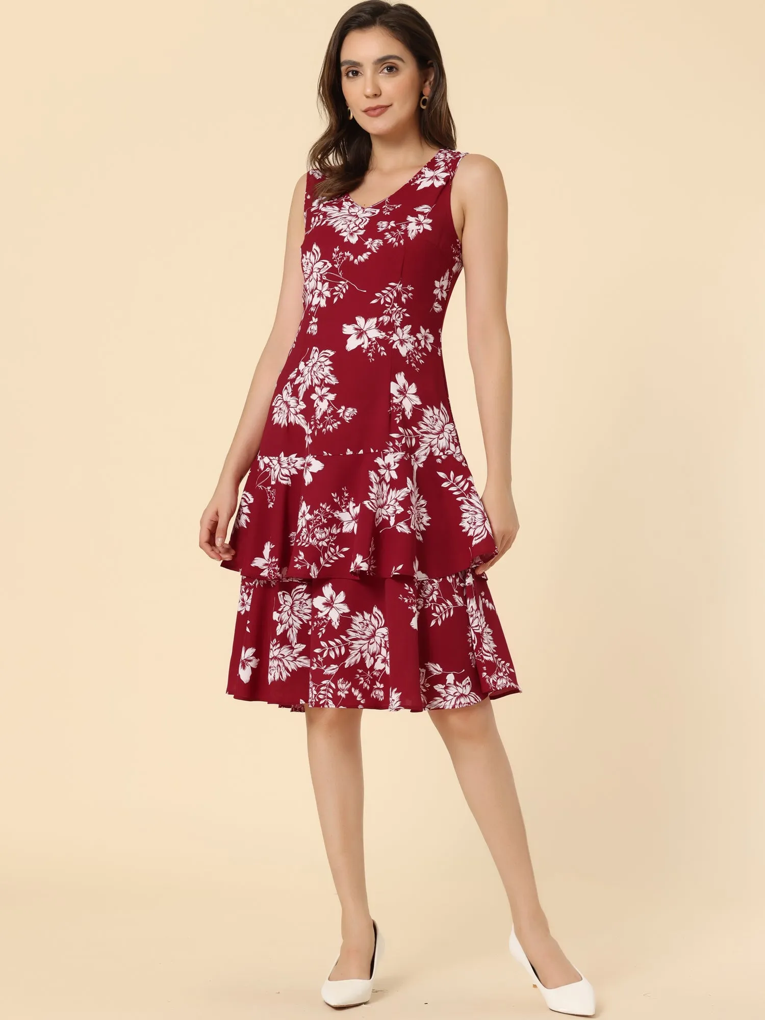 Work flower Print Contrast Panel 2pc Sets Chiffon V Neck Jacket Dress