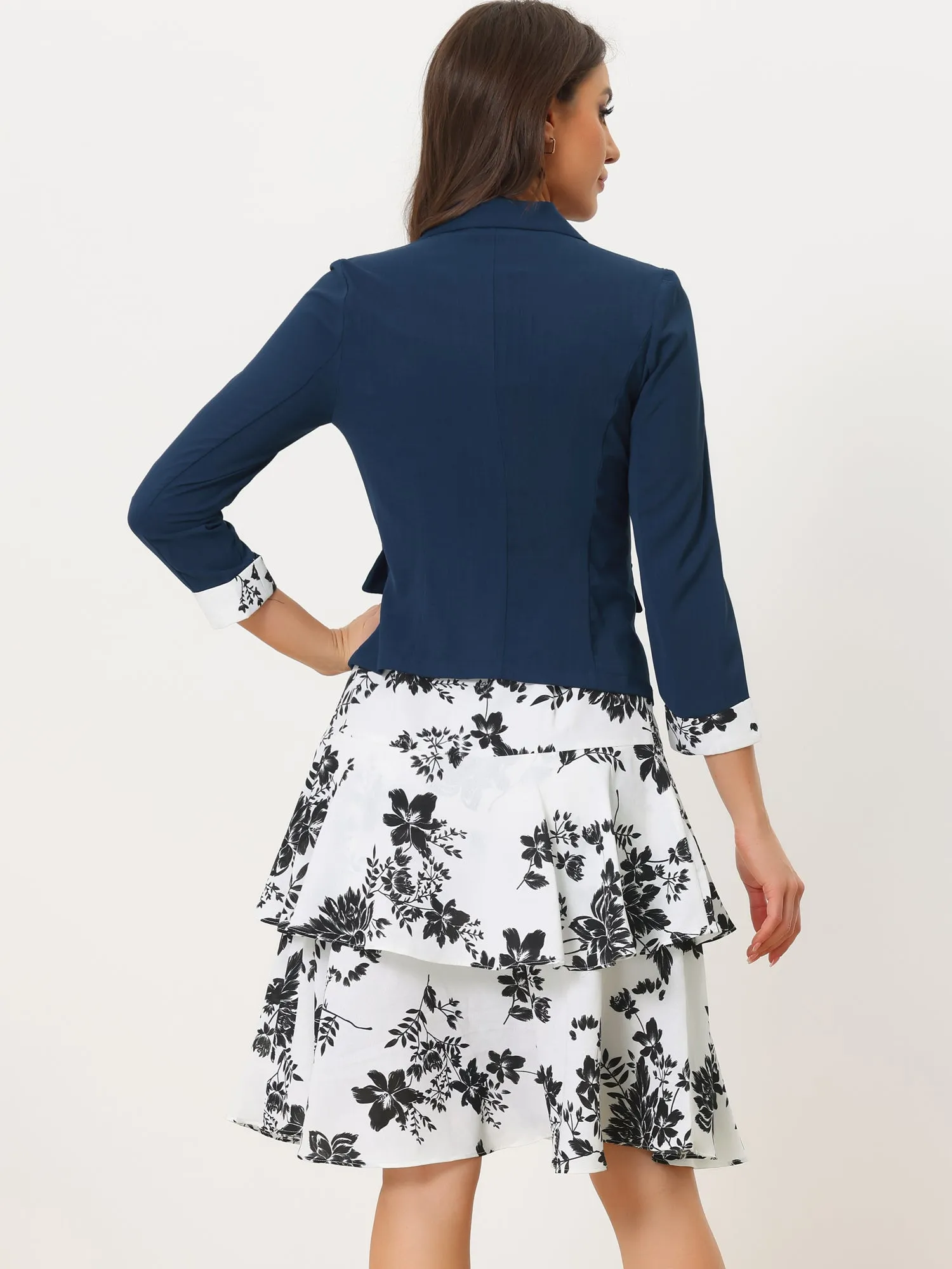 Work flower Print Contrast Panel 2pc Sets Chiffon V Neck Jacket Dress