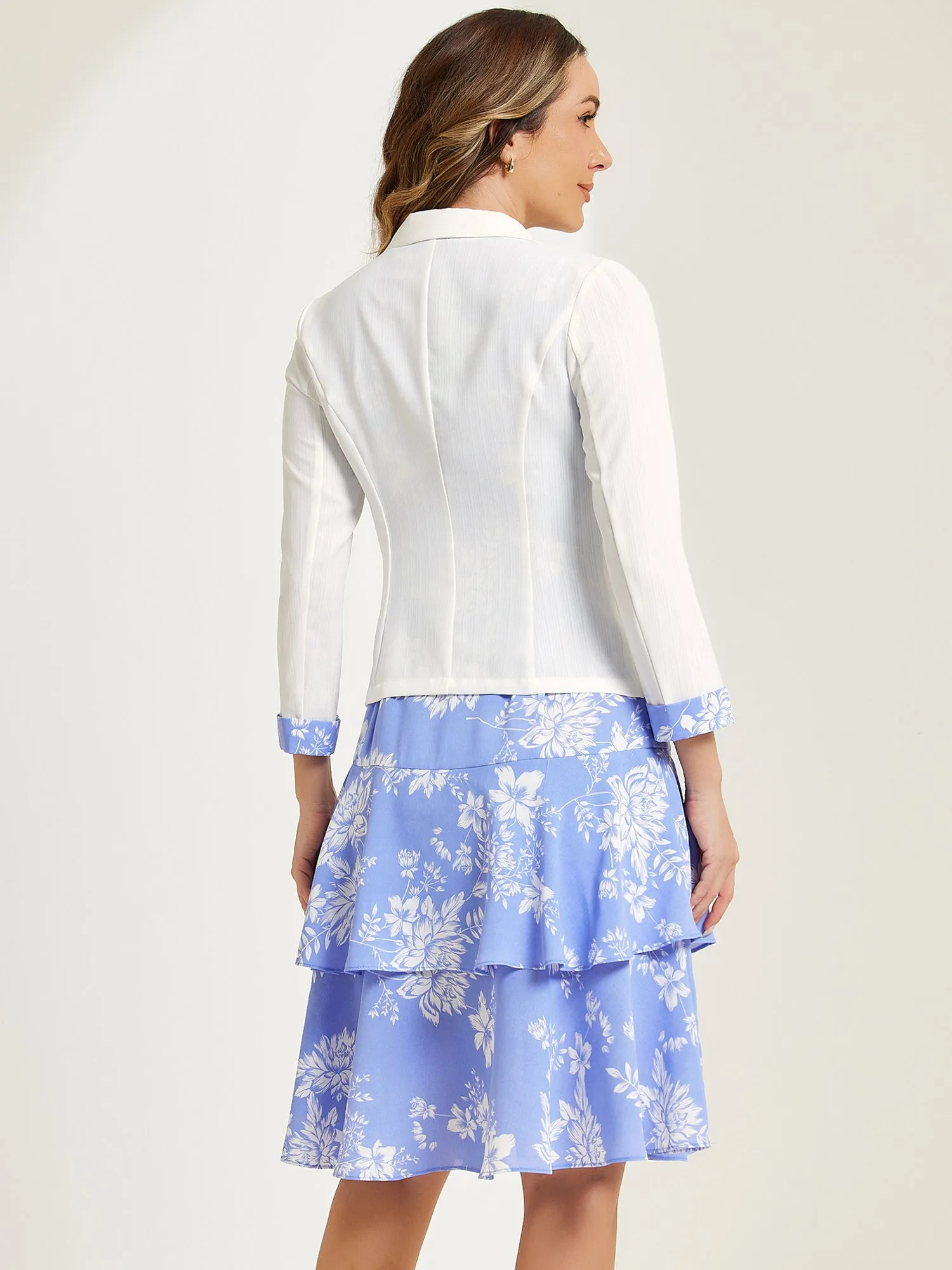 Work flower Print Contrast Panel 2pc Sets Chiffon V Neck Jacket Dress