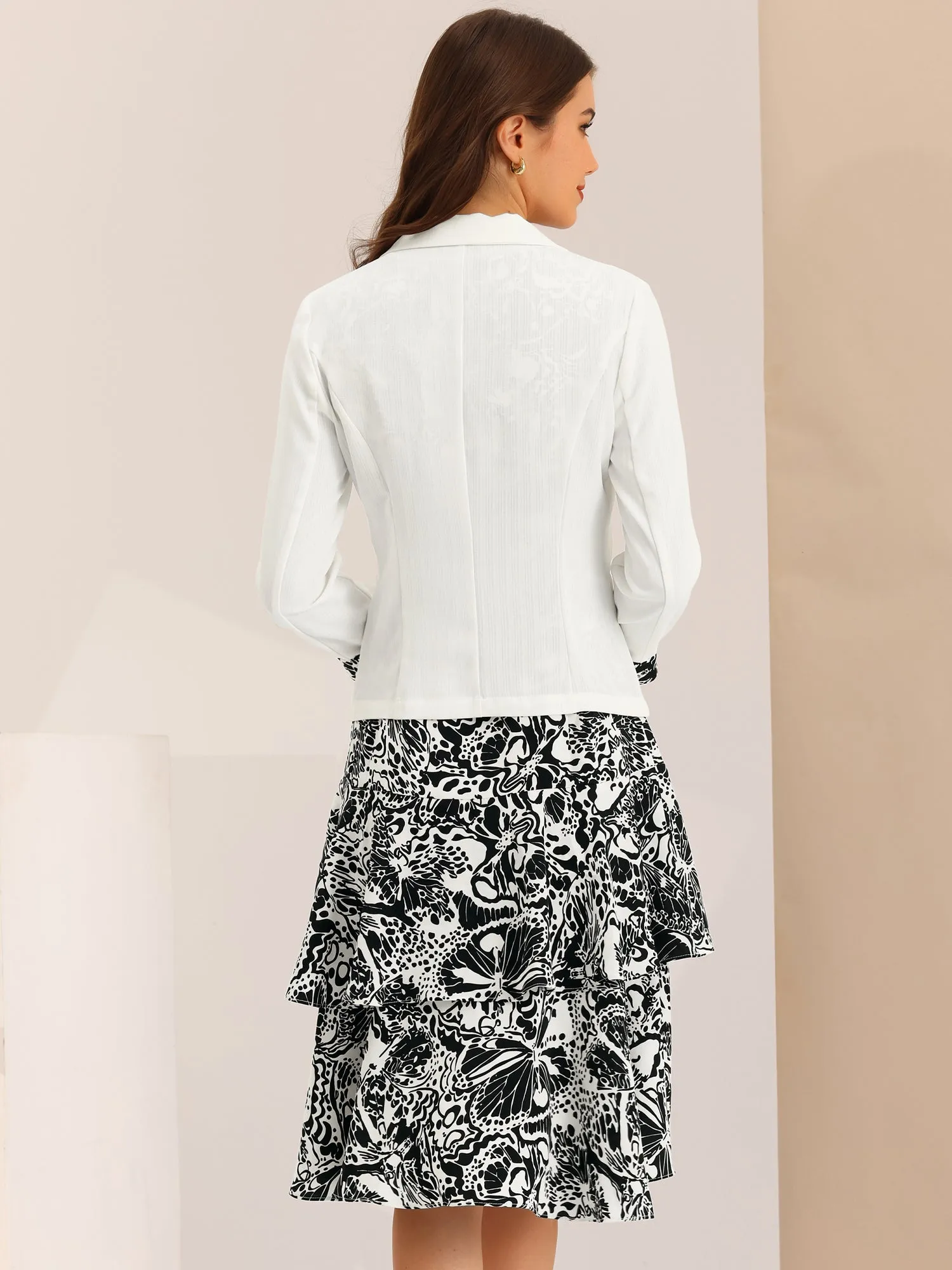 Work flower Print Contrast Panel 2pc Sets Chiffon V Neck Jacket Dress
