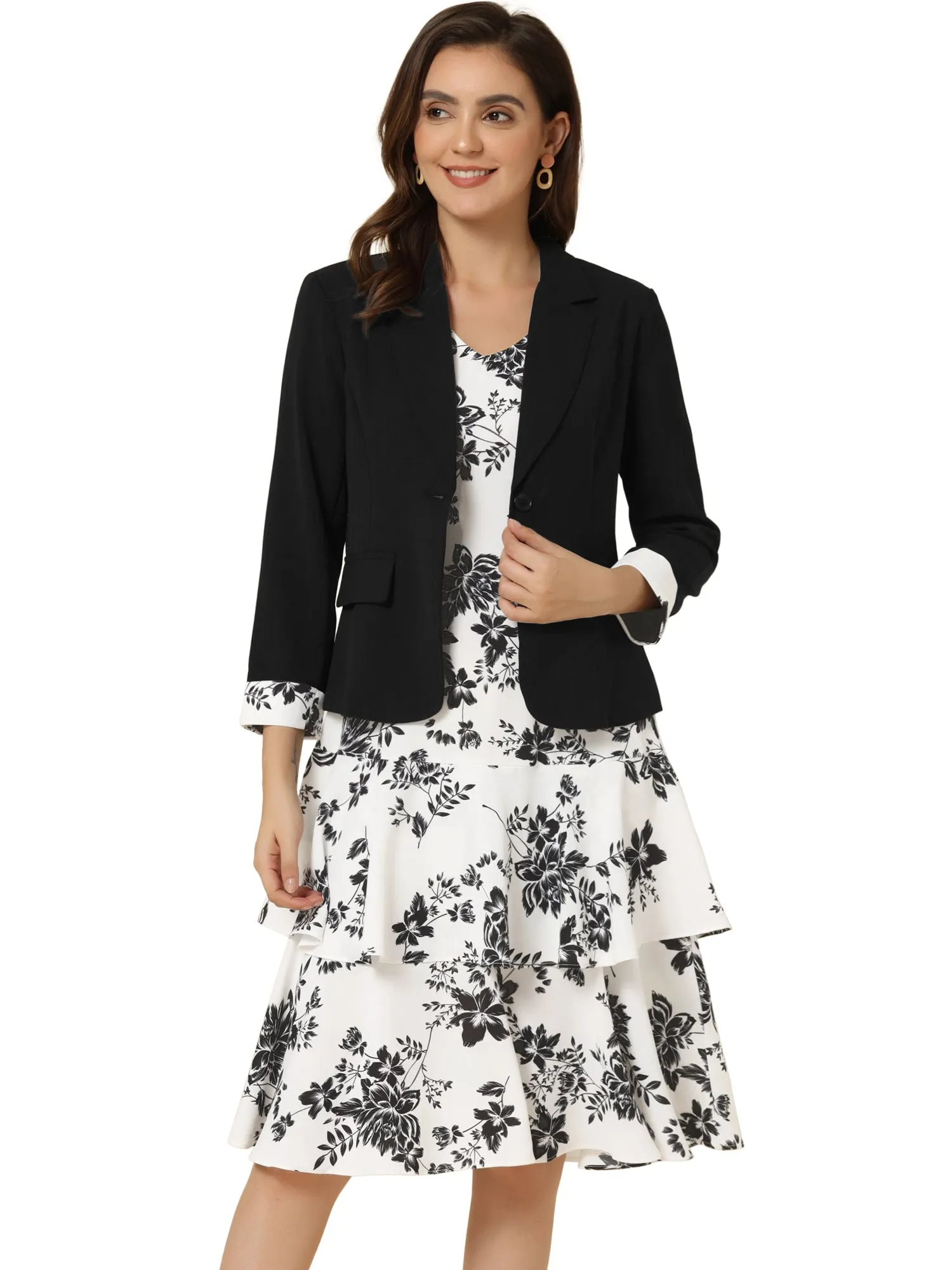 Work flower Print Contrast Panel 2pc Sets Chiffon V Neck Jacket Dress
